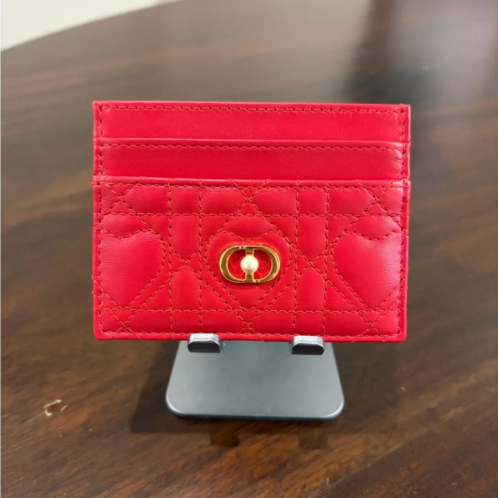 Dior Armour Jolie Freesia card holder in bright red cannage lambskin w/heart ❤️